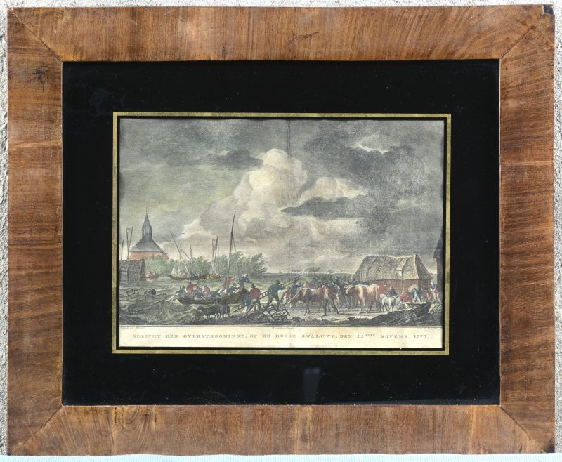 “Gezicht der overstroominge, op de Hooge Swaluwe, den 22sten november 1776”. Een met de hand ingekleurde kopergravure door Noach Van der Meer naar Hendrik Kobell, 1776 - 1778.