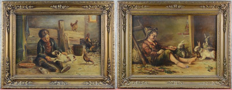 “Jongen met hondje in de stal”. & “Jongen met konijnen”. Twee olieverfschilderijen op doek. Beide gesigneerd.