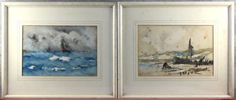 “Epave” & “Mer verte”. Twee aquarellen. Het tweede gesigneerd en gedateerd . Beide met inventarisetiket van de kunstenaar op de verso.