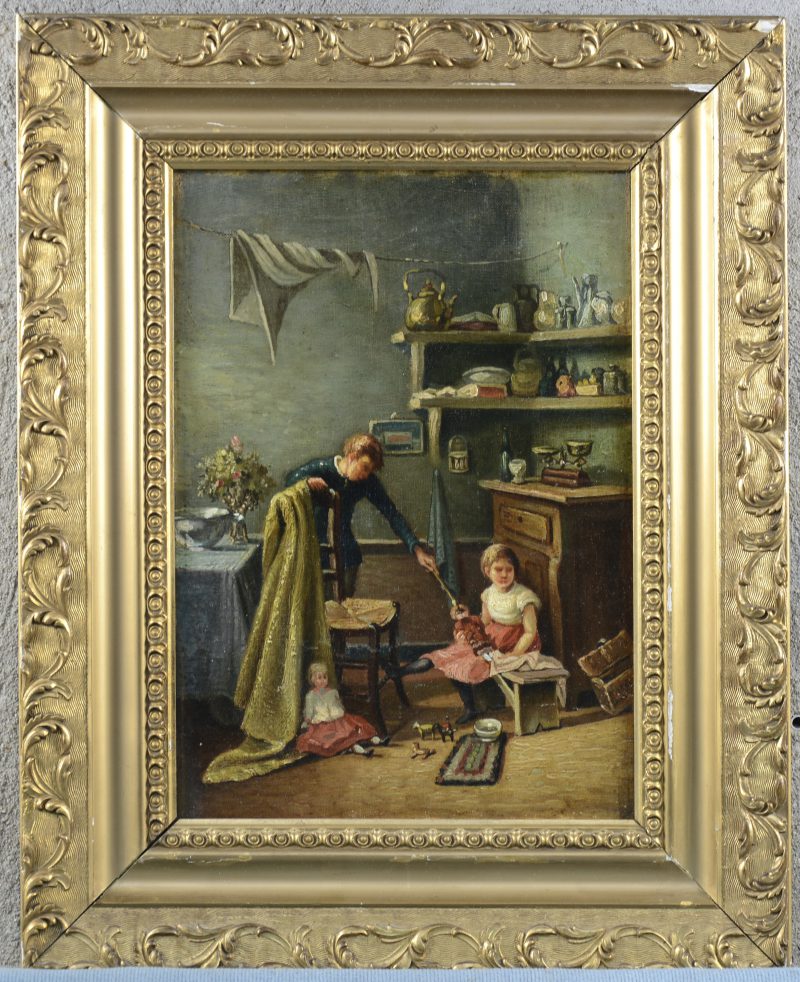 “Broer en zus, spelend in een interieur”. Olieverf op doek. Achteraan toegeschreven aan Léon Delderenne (1864 - 1921).