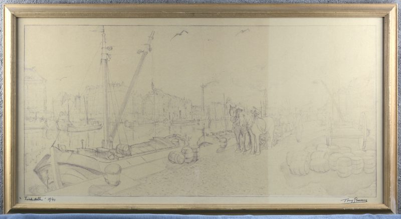 “Zuiderdokken 1941”. Een tekening op papier. Gesigneerd en gedateerd.