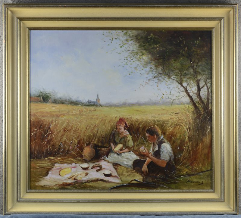 “Picknick in het koren”. Olieverf op doek. Gesigneerd