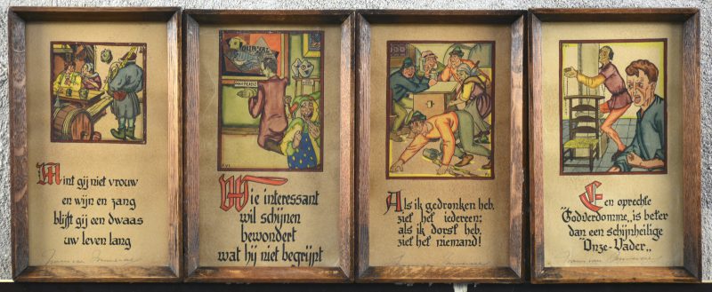 Een reeks van vier spreuken met illustraties van Frans Van Immerseel. Buiten de plaat gesigneerd.
