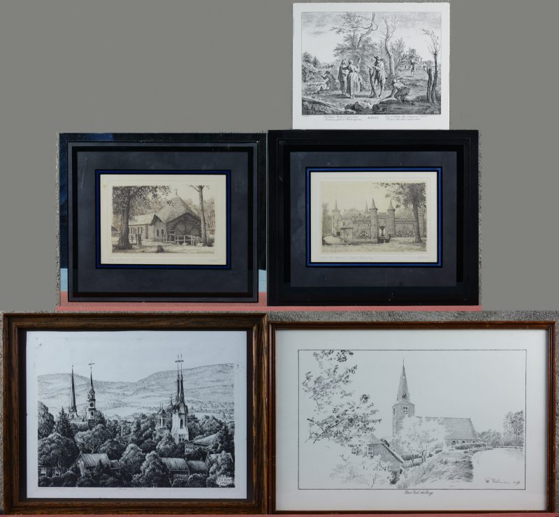 Een lot van 5 gravures met betrekking tot Hollandse onderwerpen, o.a. ‘St. Oedenrode Kasteel Henkenshage.’, ‘De Bosmolen, Oostrum. ‘Aalburg, etc...’