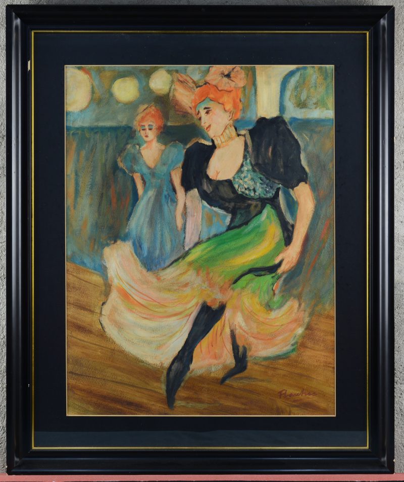 “Danseressen”. Gemengde techniek op papier in de stijl van Toulouse Lautrec.