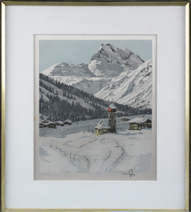 “Alpenlandschap”. Zeefdruk. Gesigneerd.