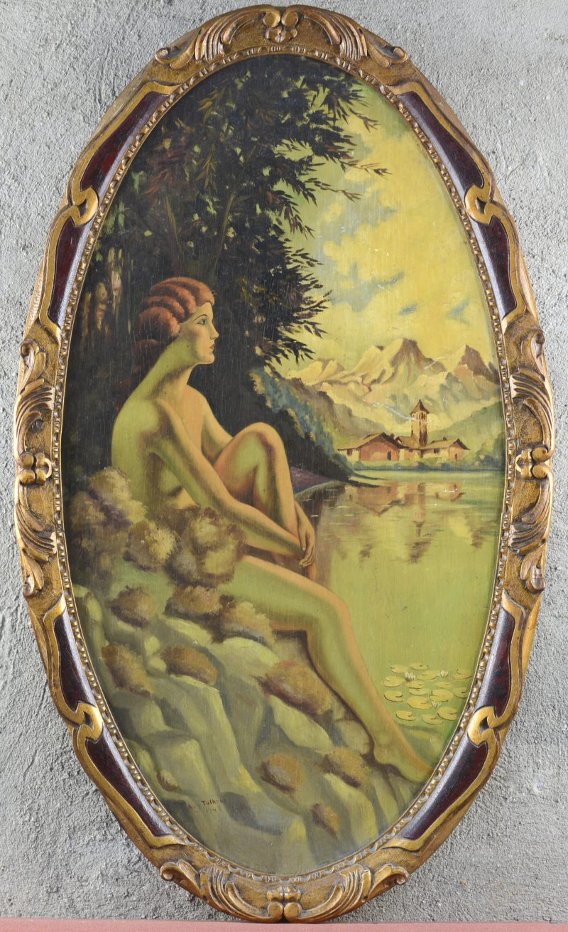 “Vrouwelijk naakt bij een bergmeertje”. Olieverf op paneel. Gesigneerd en gedateerd 1942.