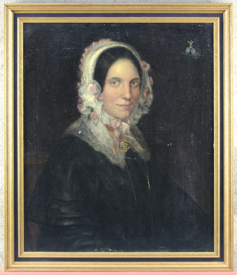 “Vrouwenportret”. Olieverf op doek. Op de verso gesigneerd en gedateerd 1925. Naar voorbeeld van Wieraz uit 1840.