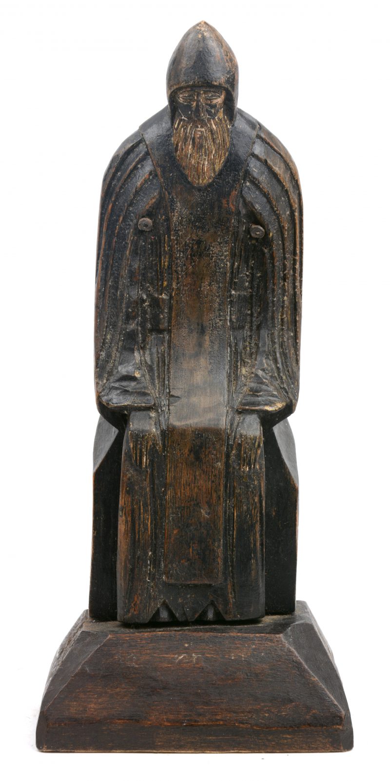 Een houten bedevaartsbeeldje van de Heilige Nilos Stolbenski. Rusland, XIXe eeuw.