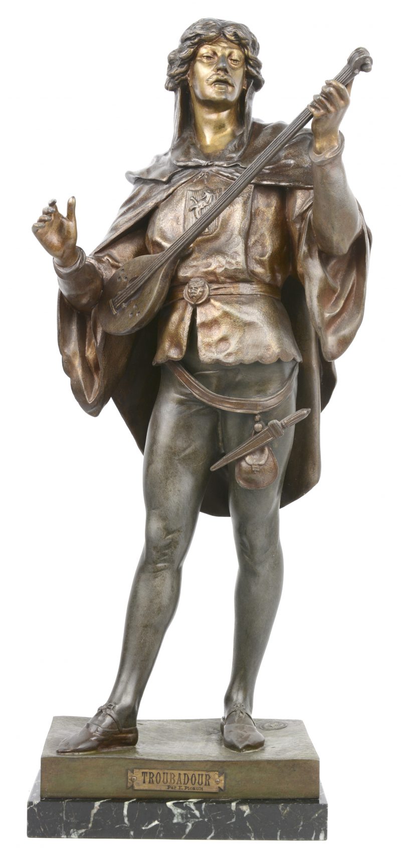 “Troubadour”. Een bronzen beeld op zwart marmeren sokkel. Met gieterijzstempel.