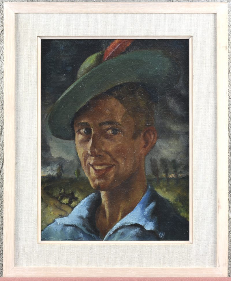 “Jongeman met hoed”. Olieverf op paneel. Op de verso gesigneerd en gedateerd 1947.