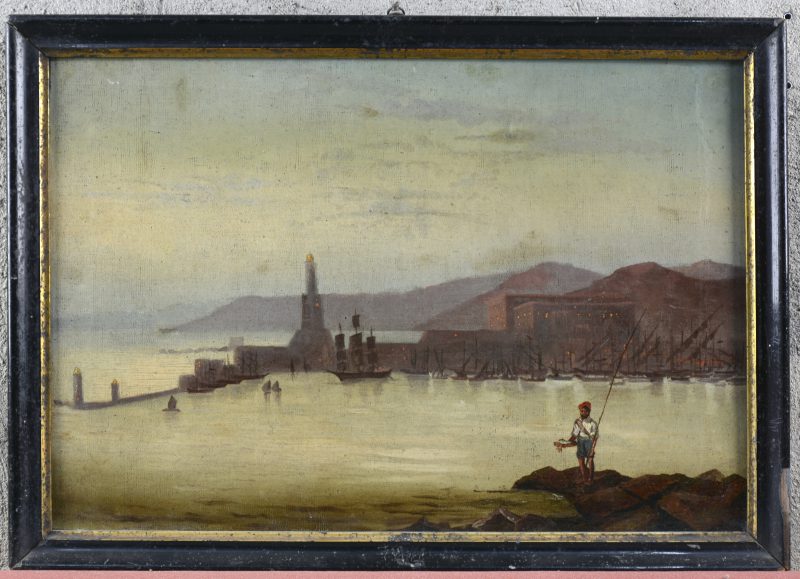 “Genua.” Havenzicht op doek. 19de eeuws werk.