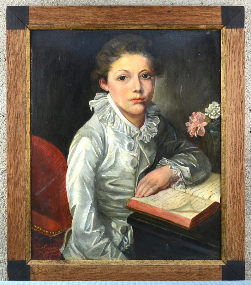 “Portret van een student”. Olieverf op schildersboard. Gesigneerd. XIXe eeuw.