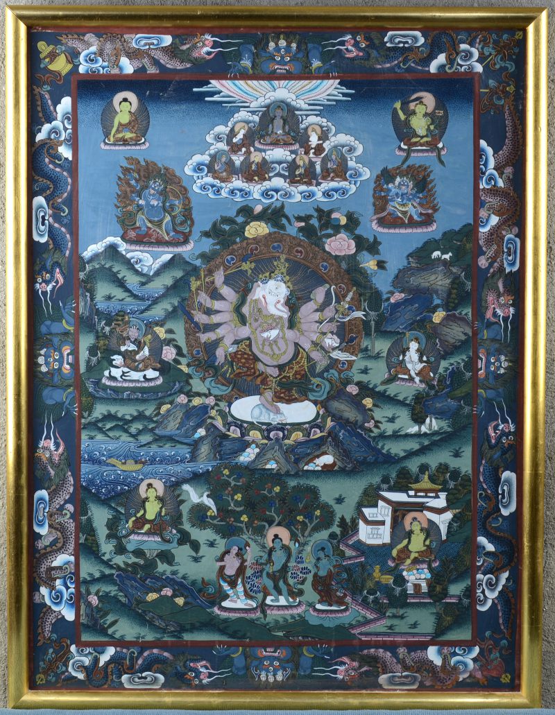 Een Tibetaanse Tangka, gouache op katoen/ zijde.