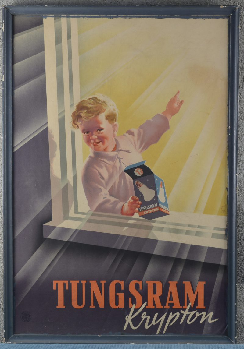 Een ingekaderde reclame-affiche voor Tungsram Krypton.