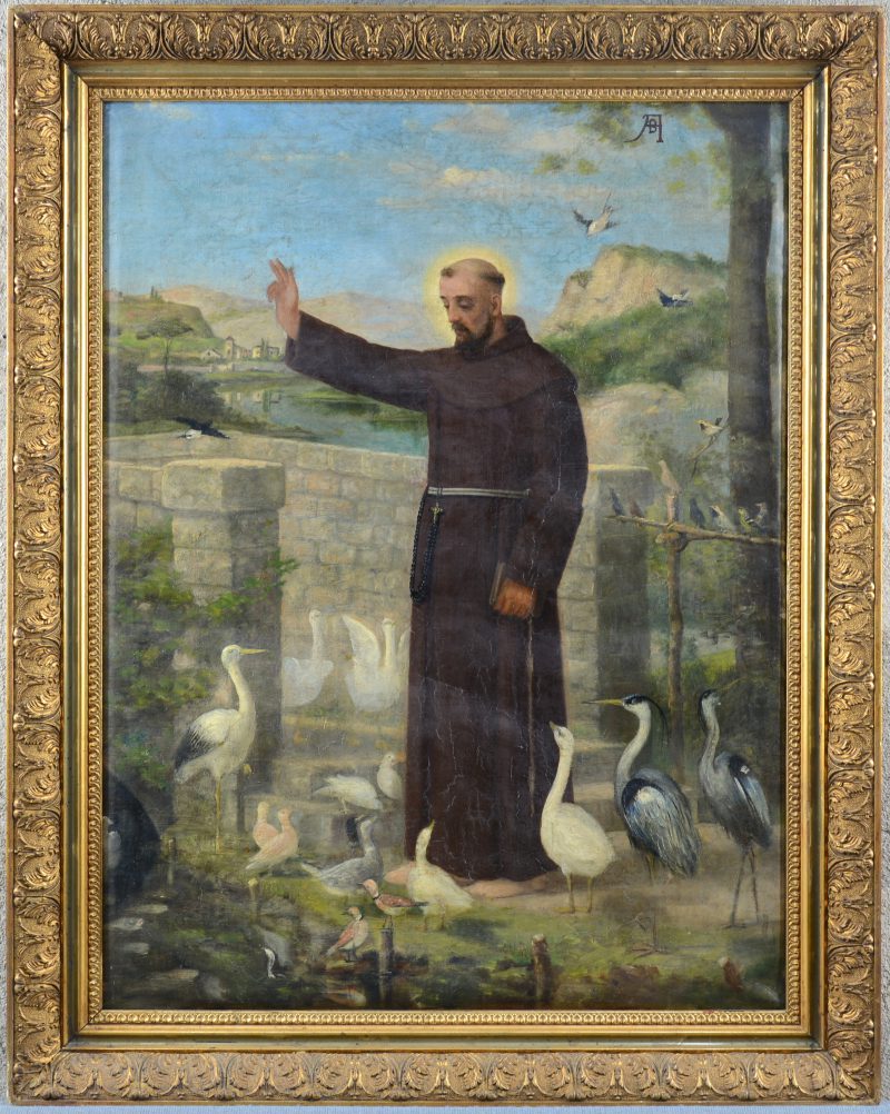 “De vogelpreek van Sint Franciscus”. Olieverf op doek. Gemonogrammeerd. XIXe eeuw.