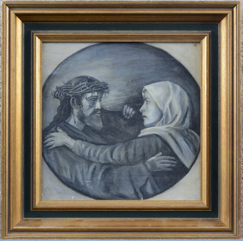 “Christus met de doornenkroon en de Mater”. Olieverf op doek. Russische school. Op de verso gesigneerd en gedateerd 1934.