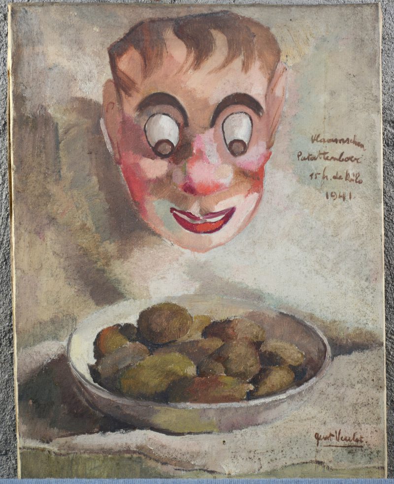“Vlaamschen patattenboer, 15 Fr. de kilo”. Olieverf op doek. Gesigneerd en gedateerd 1941.