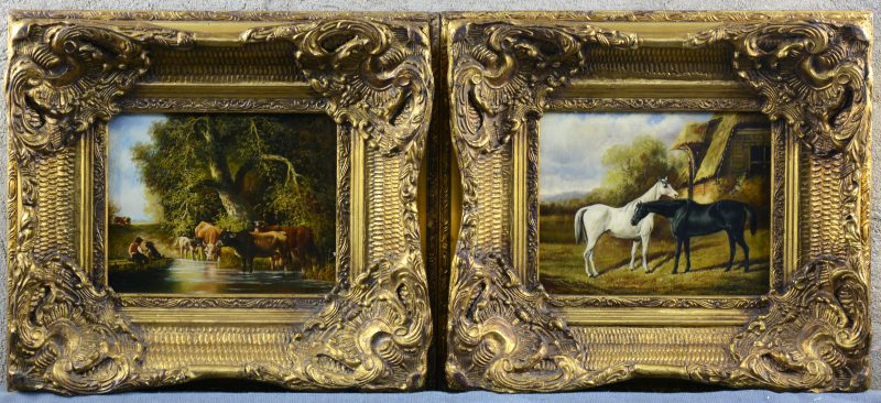 “Herder met koeien aan de drinkplaats” & “Paarden”. Een paar olieverfschilderijtjes op paneel in de geest van de XIXe eeuw.
