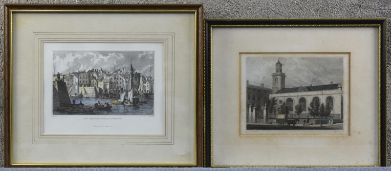 “St. Mary, Aldermanbury” & “The Barbican, Pool, Etc, Plymouth. Twee oude kleine gravures.