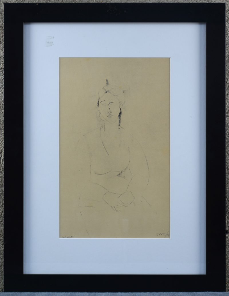 “Vrouwelijk portret, 1916”. Een lithografie naar een werk van Amadeo Modigliani, uitgegeven door de Perna Art Studio in Milaan in 1979. Met certificaat op de verso. Genummerd 123/200.