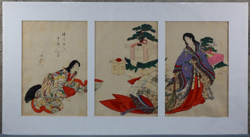 “Hofdames”. Een drieluik, Japanse houtsneden. Gesigneerd, omstreeks 1890.