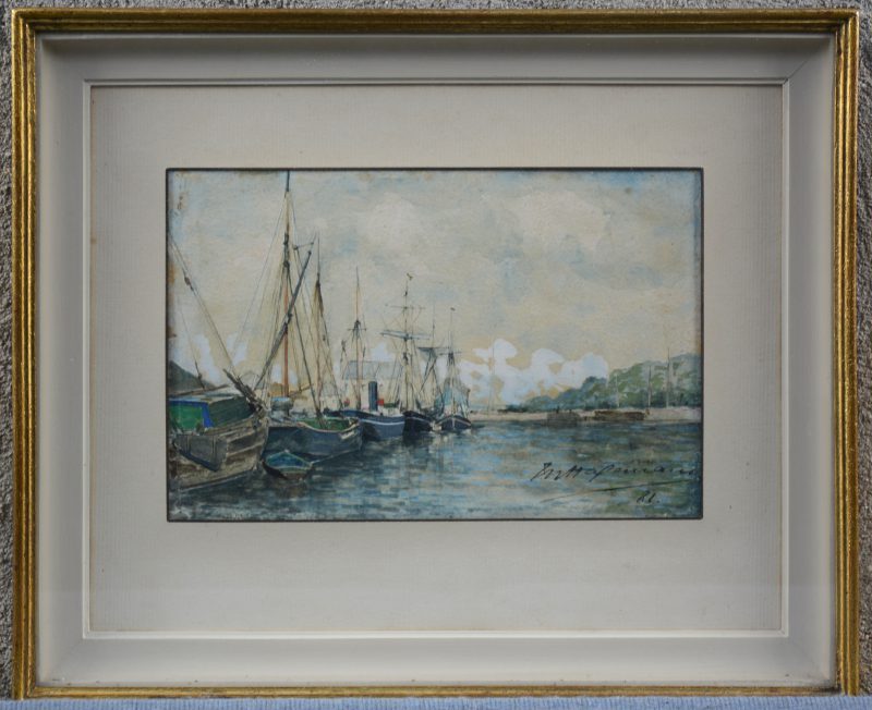 “Vissershaven”. Een aquarel. Gesigneerd en gedateerd 1881.