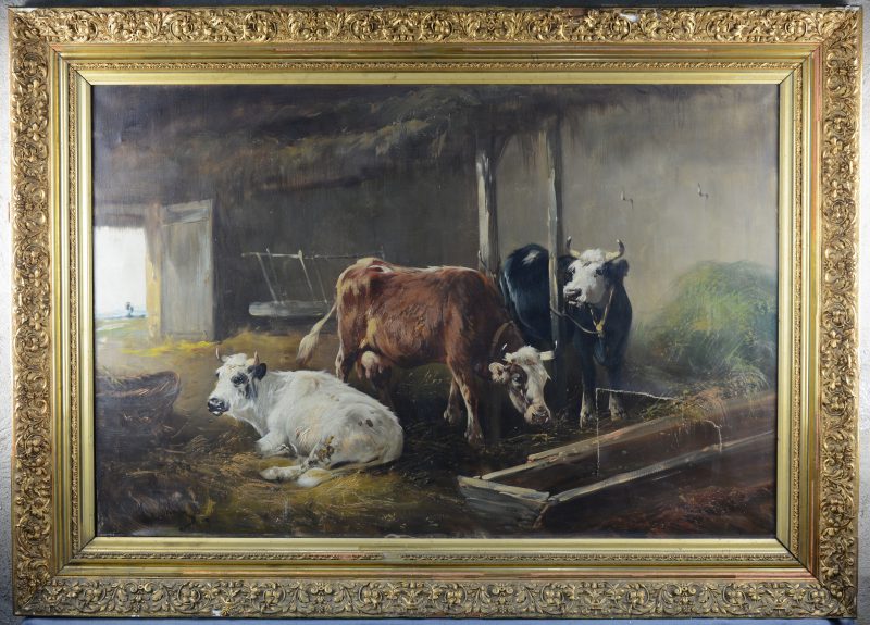“Koeien in de stal.” Olieverf op doek. Winkelhaakscheur rechts onderaan.