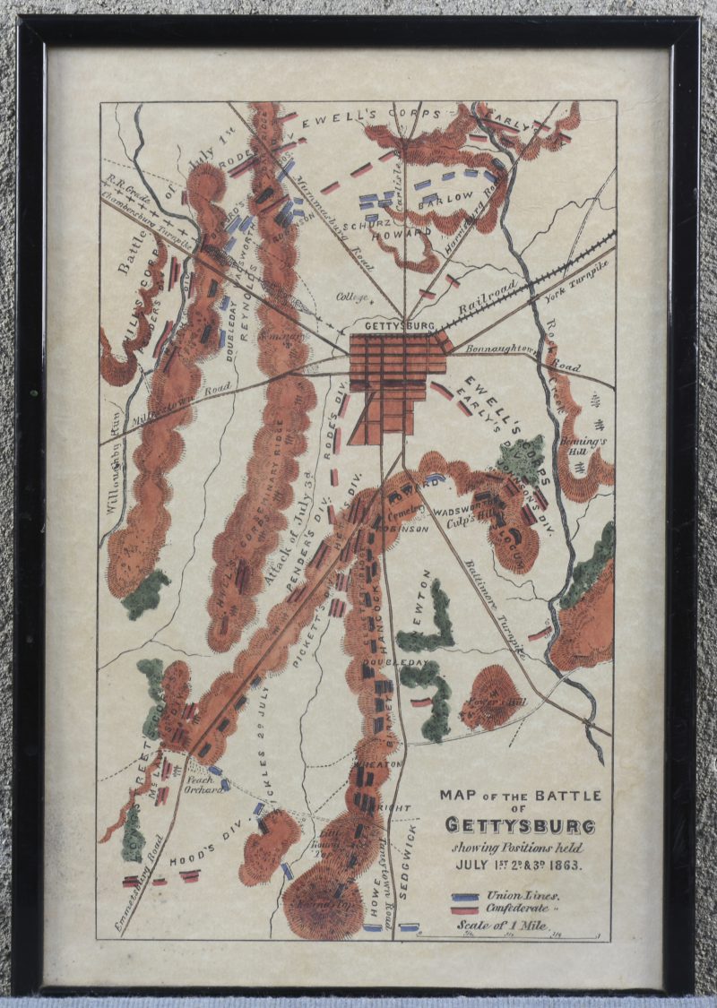 “Map of the battle of Gettysburg. Een ingekaderde kaart.