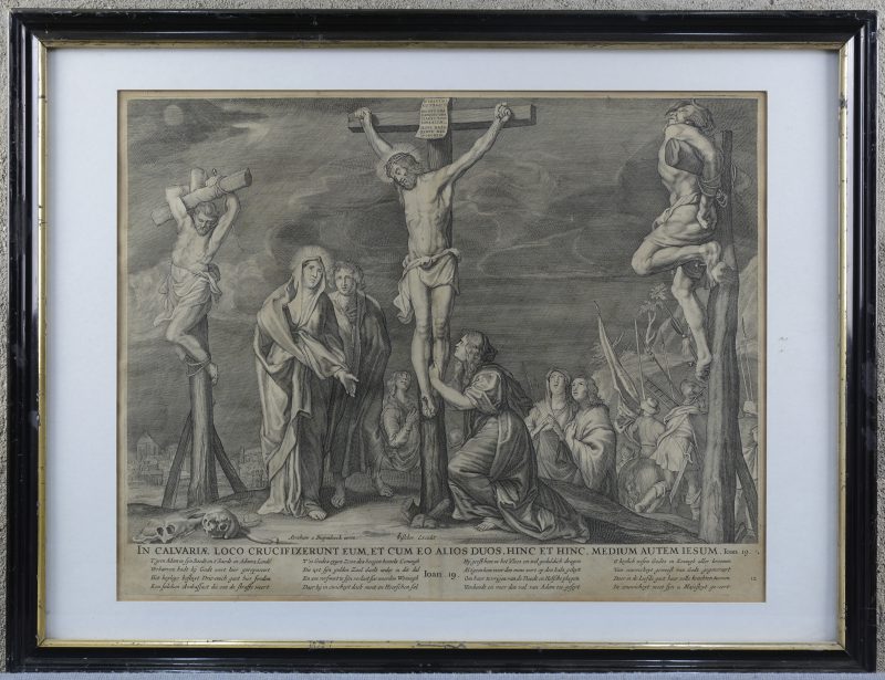 “De Calvarieberg”. Een XIXe eeuwse gravure met Bijbeltekst.