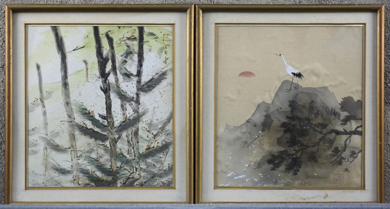 “Landschappen”. Een paar Japanse aquarellen op papier. Medio XXe eeuw. Gesigneerd.