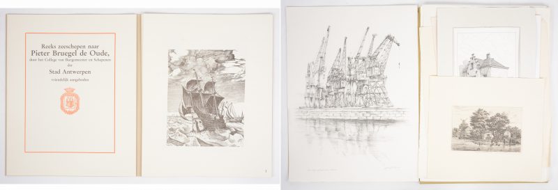 Een lot los grafiek, bestaande uit een groot aantal etsen en gravures met betrekking tot Antwerpen en een map met een reeks zeeschepen naar Pieter Bruegel de Oude, uitgegeven door de Stad Antwerpen.
