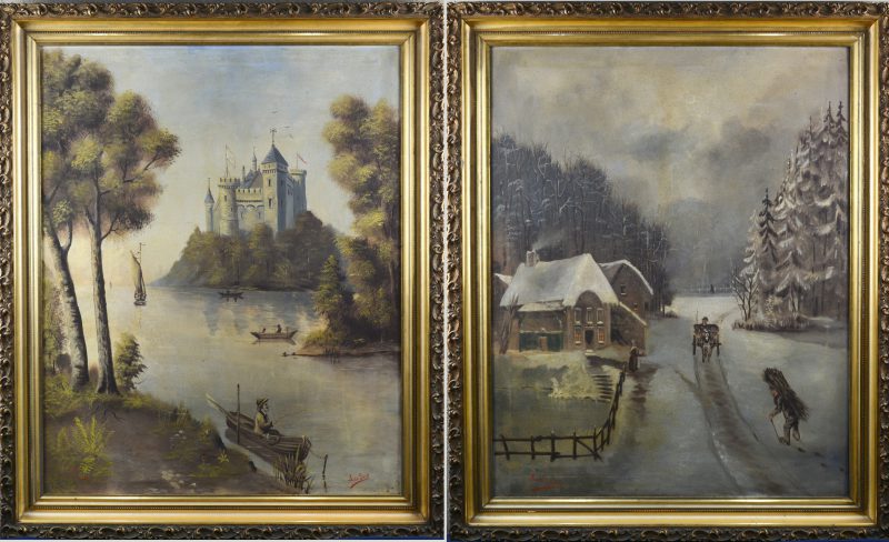 “Winters landschap” & “Waterlandschap met burcht”. Twee schilderijen, olieverf op doek. Beide gesigneerd.