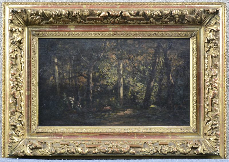 “Personages in het woud”. Olieverf op paneel. Gesigneerd ‘N. Diaz’, mogelijk voor Narcisse Diaz (1807 - 1876) en gedateerd 66.