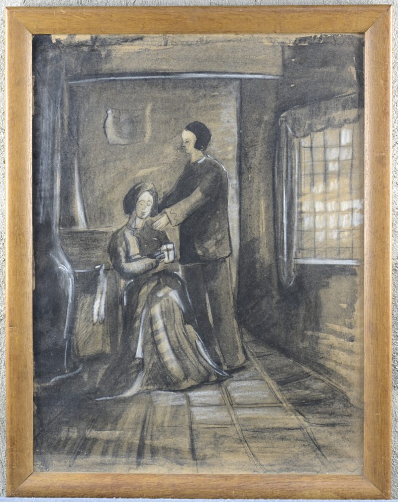 “Personages in een interieur”. Een met aquarel geacentueerde houtskooltekening op papier. Gesigneerd en gedateerd 1907.
