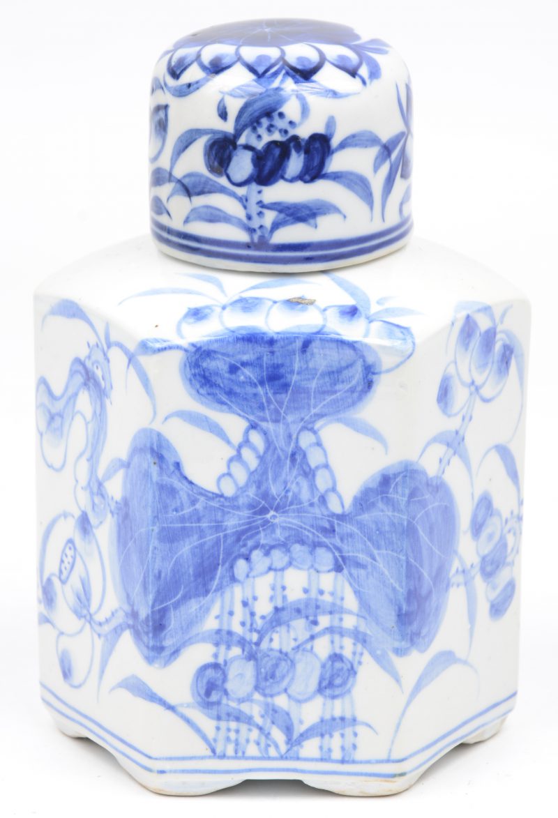 Een porseleinen flesje met blauw op wit decor.
