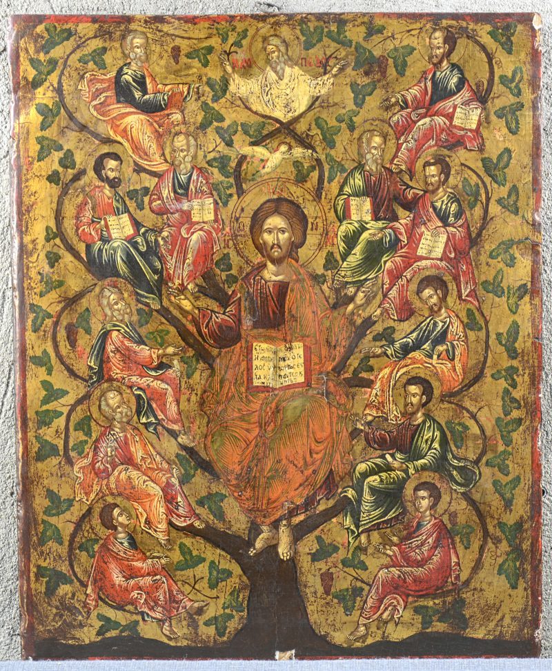 “Christus met apostelen”. Een handgeschilderd Grieks icoon. XIXe eeuw.