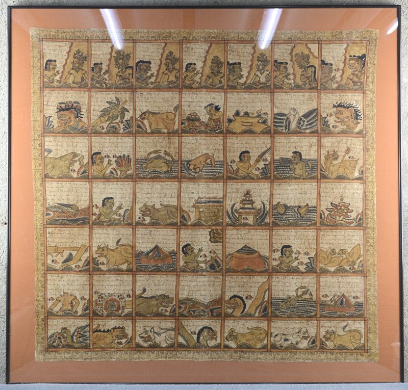 Een handgeschilderde Balinese Pawukon-kalender op doek. Eerste helft XXe eeuw.