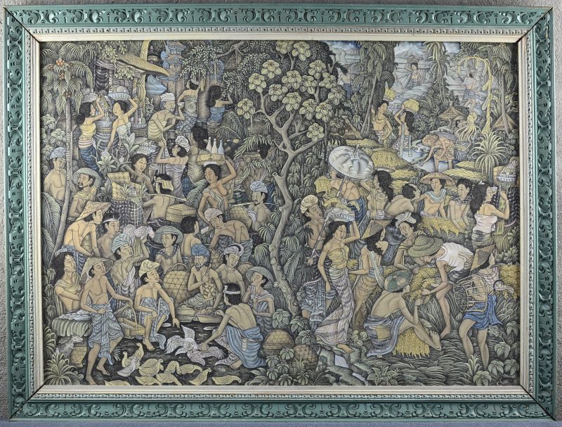 “Diverse personages”. Een Balinees schilderij op doek.