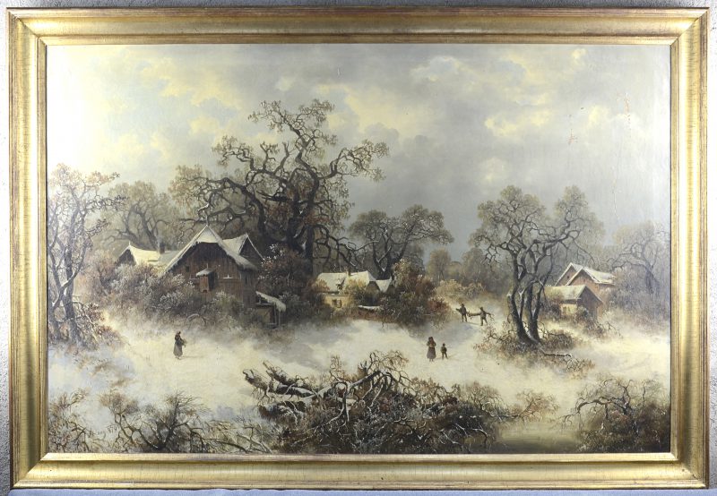 “Winters dorpszicht met houtsprokkelaars”. Olieverf op doek. gesigneerd en gedateerd 1870(?).