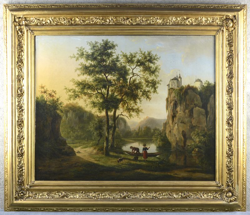 “Heromantiseerd rivierlandschap met personages bij een bootje”. Olieverf op doek. XIXe eeuw.