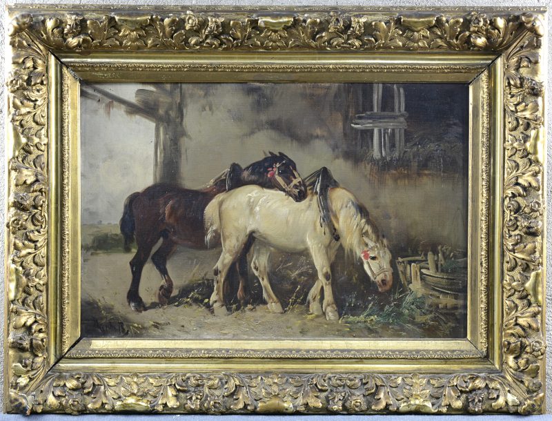 “Paarden in de stal”. Olieverf op doek. Onleesbaar gesigneerd.