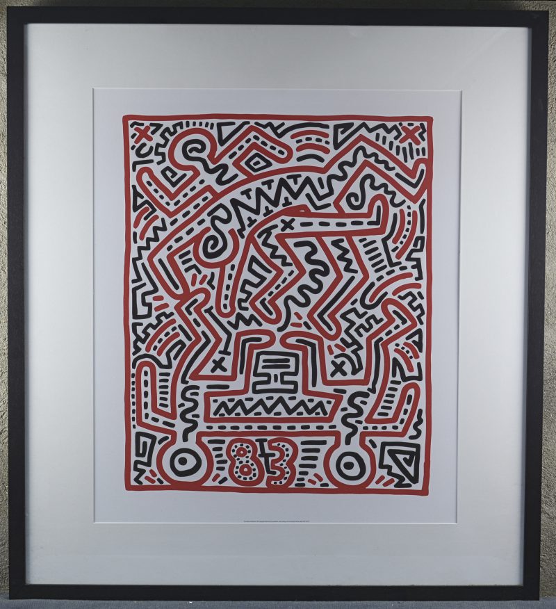 “Fun Gallery Exhibition 1983”. Een lithografie naar een werk van Keith Haring. Gelicensieerd door Artestar New York en genummerd 24/73.
