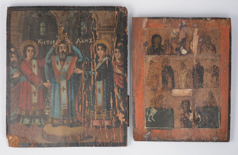 Twee antieke Russische iconen.