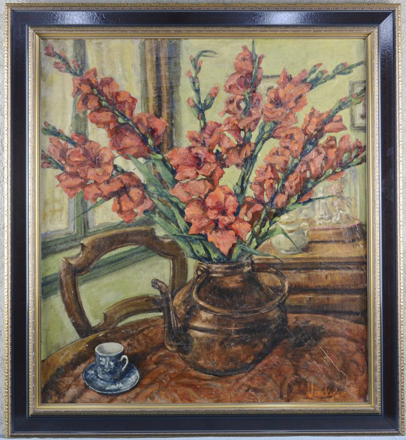 “Stilleven met gladiolen”. Olieverf op doek. Gesigneerd en gedateerd 1949.