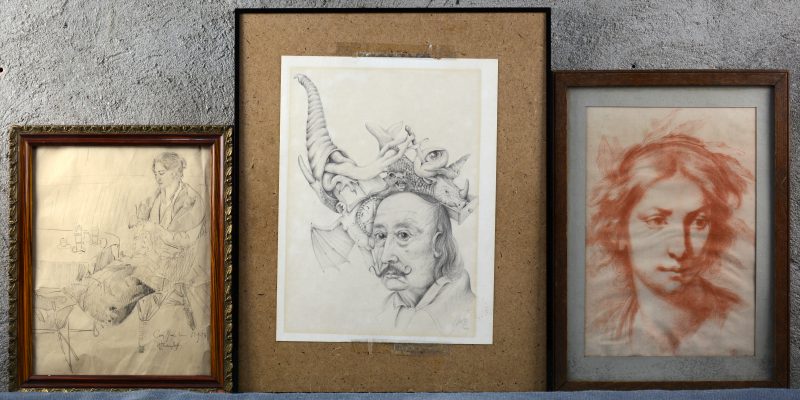 Drie werken bestaande uit: “La Poesia”, “Een Breister” en “Een fantasie portret”. Twee potloodtekeningen en een sanguine tekening op papier. Gesigneerd.