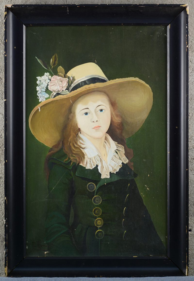 “Portret van een meisje in het groen”. Olieverf op doek. Gesigneerd.