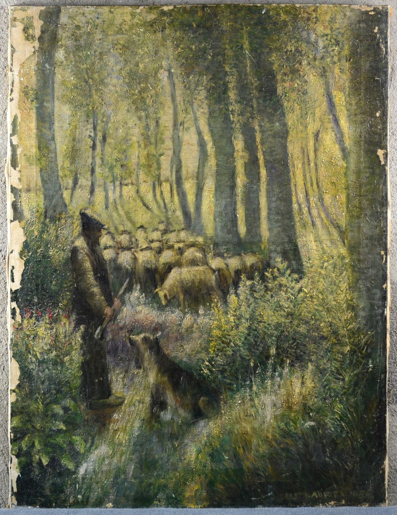 “Schaapsherder in het bos”. Olieverf op doek. Gesigneerd en gedateerd 1934.