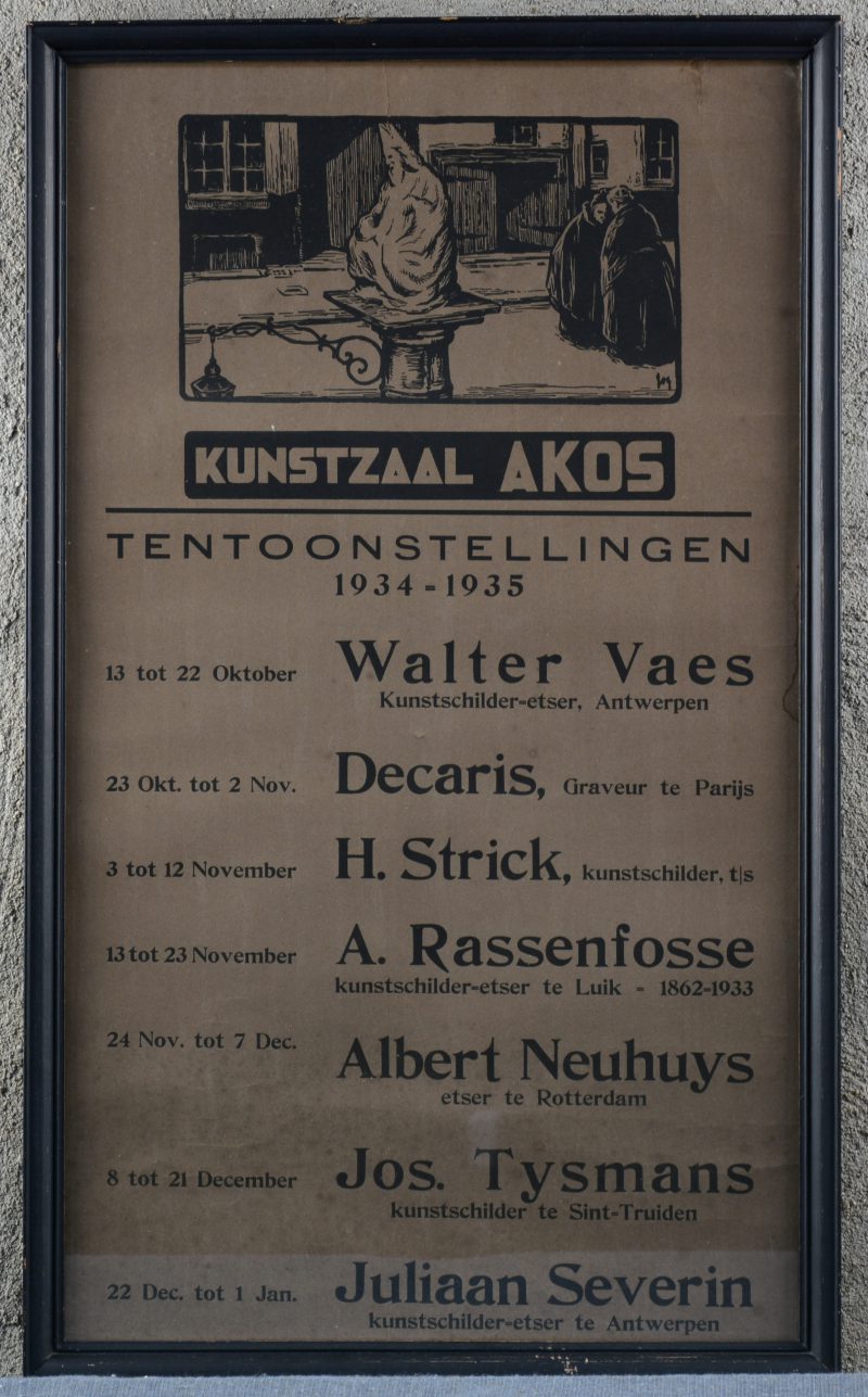Een affiche ter aankondiging van tentoonstelling in kunstzaal AKOS. Uit het jaar 1934 -1935.