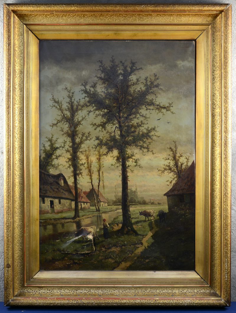 “Souvenir de Waesmunster”. Olieverf op doek. Gesigneerd en  gedateerd ‘Bruxelles 1879’. Winkelhaak in het doek.